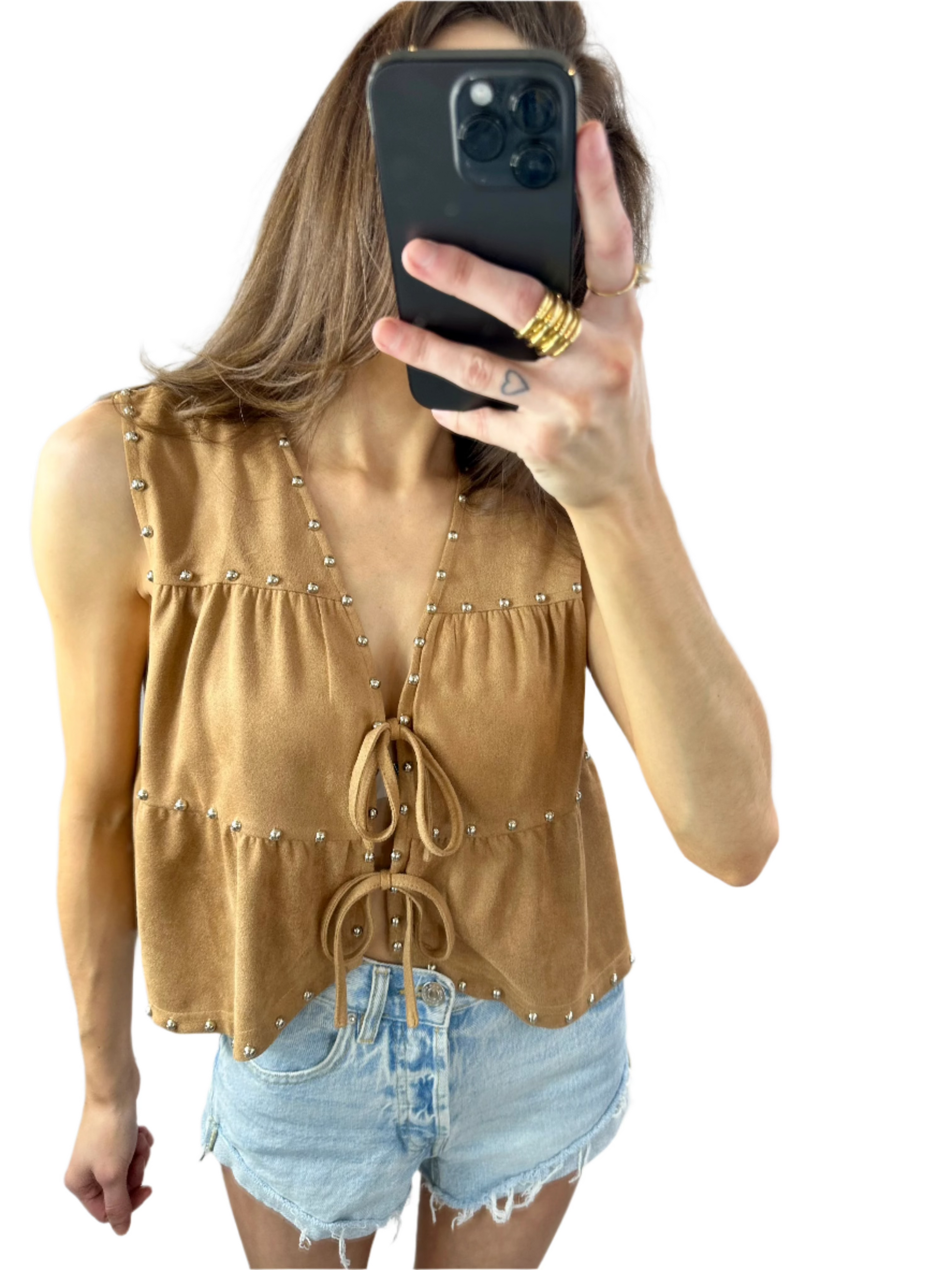 Studded Suede Vest - Camel - THEE LABL